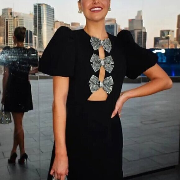 Black Puff Sleeve Cut Out Party Bow Rhinestone Mini Dress L - Picture 7 of 14